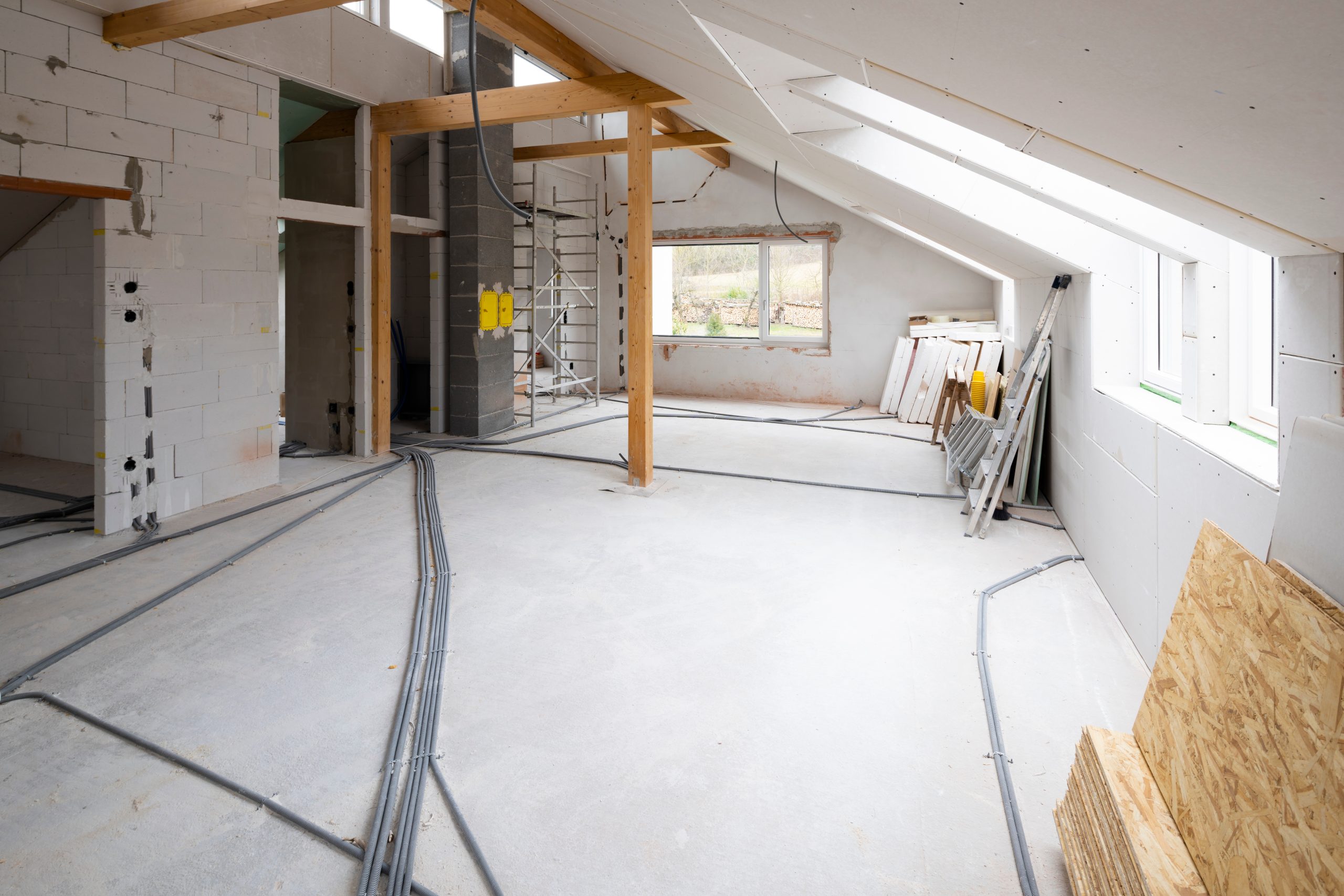 Loft construction site drywall without people in daylight